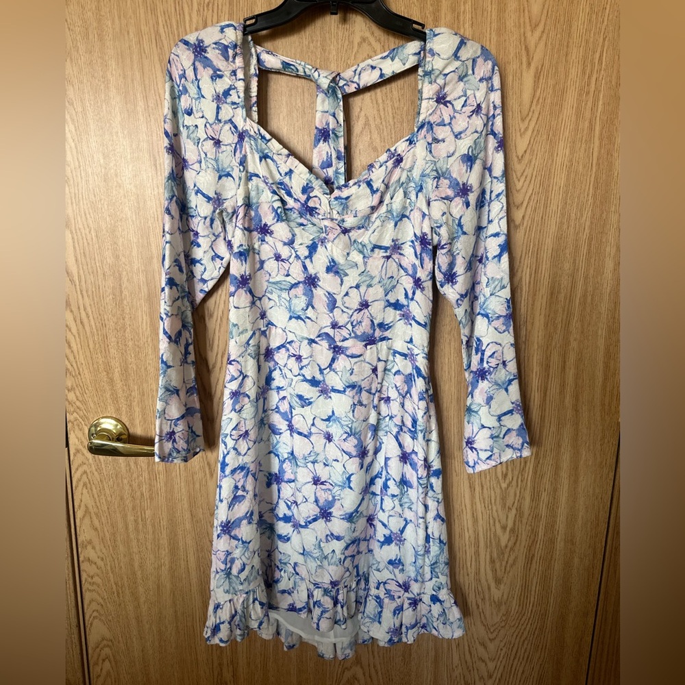 RAHI Floral Blue/White Floral Long Sleeve Midi Dress Women’s S